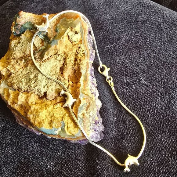 925 Italy Sterling Silver Dolphin 9" Anklet Lobster Clasp Snake Chain 6.6g - Picture 2 of 7